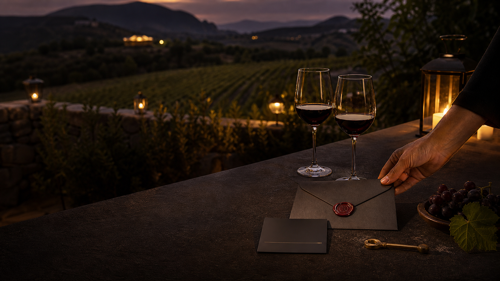 Invitación privada del Club TERRAE con copas al atardecer en el viñedo