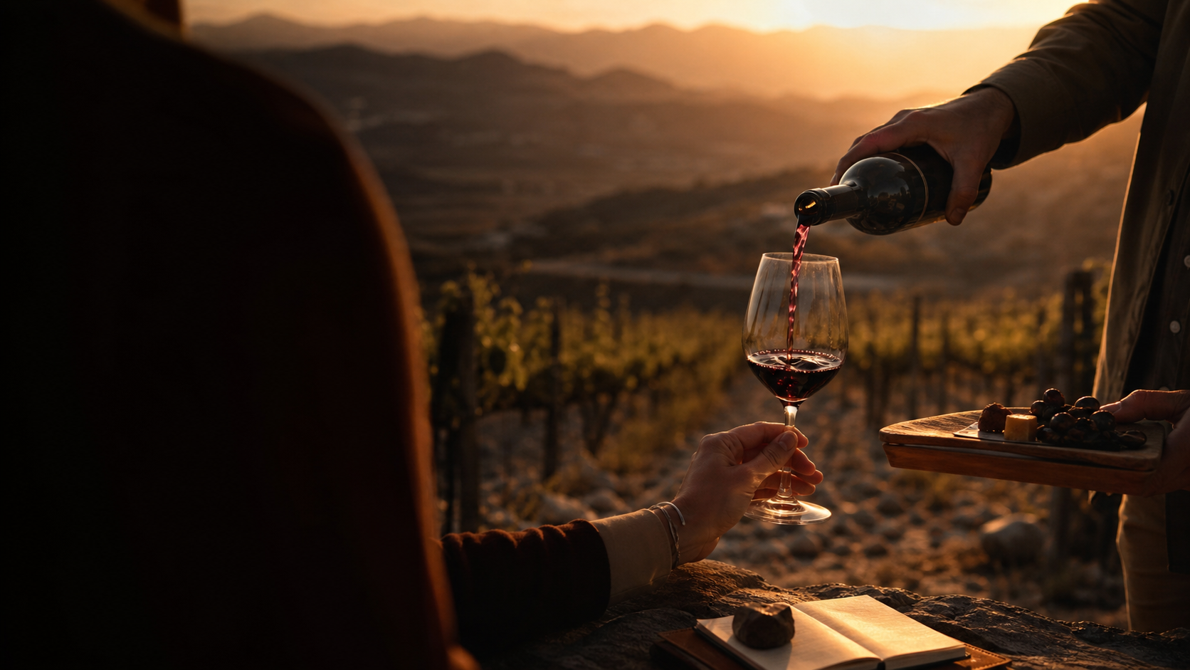 Cata privada al atardecer con copa de vino en un viñedo de Guanajuato