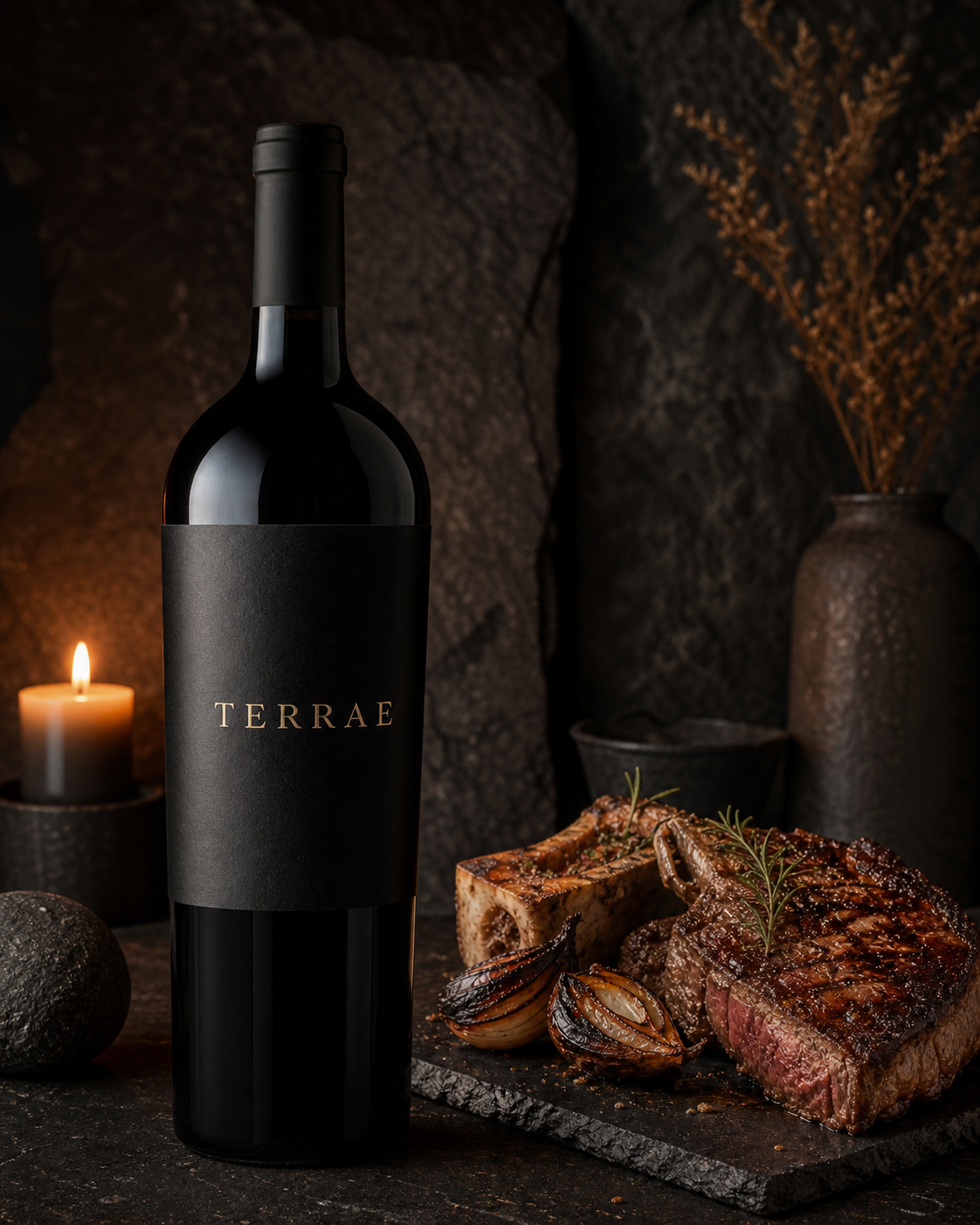 Botella TERRAE Gran Pago Terruño con ribeye a las brasas