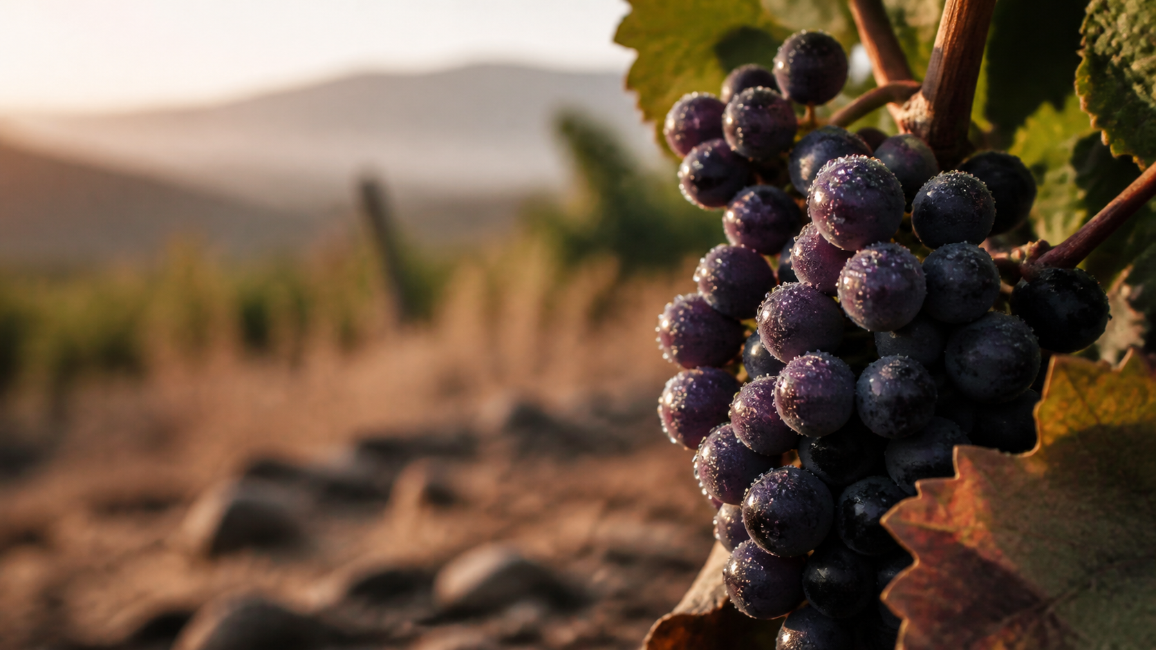 Uvas tintas con rocío en un viñedo seco de Guanajuato