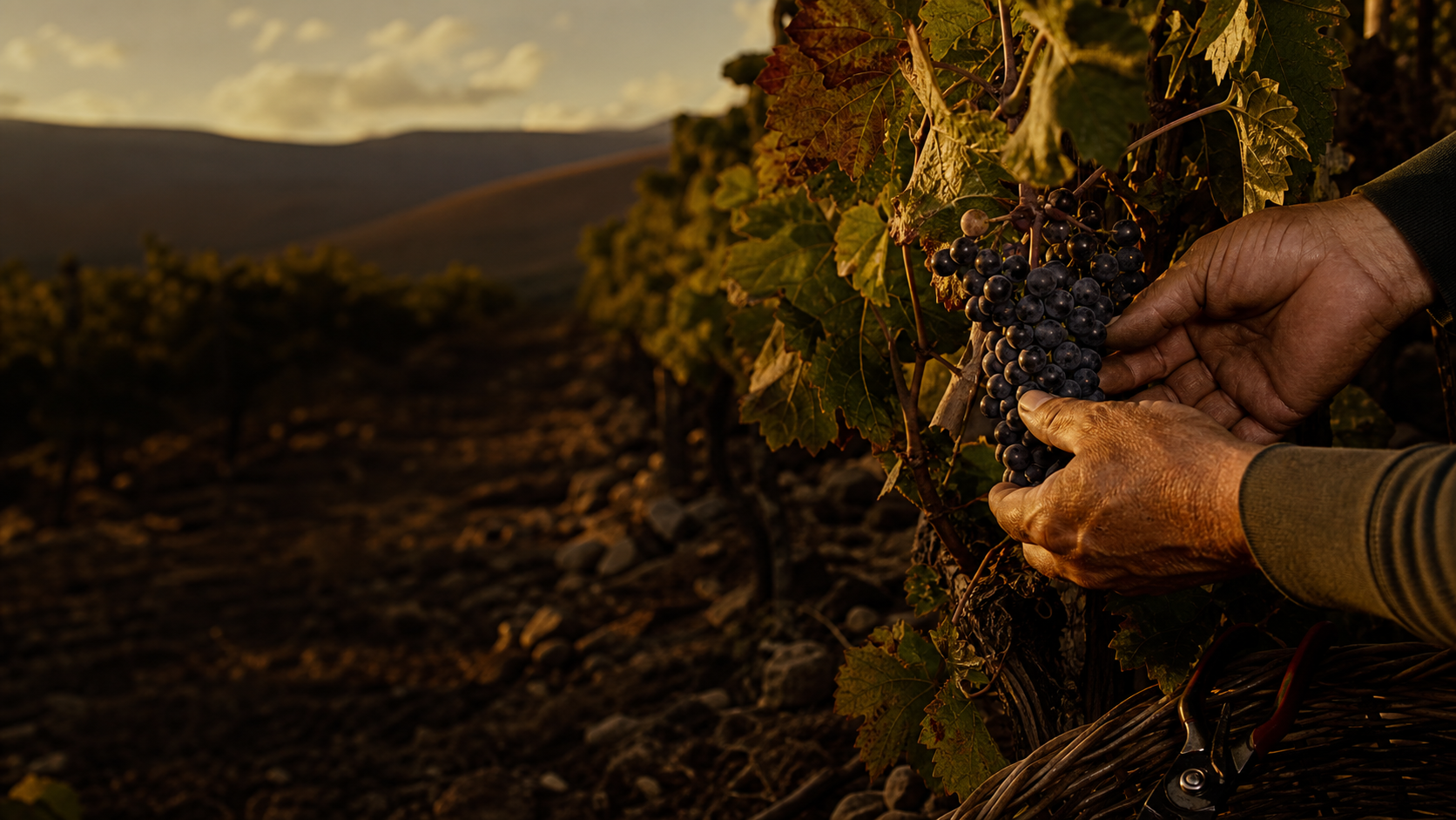 Manos seleccionando uvas maduras en un viñedo de Guanajuato